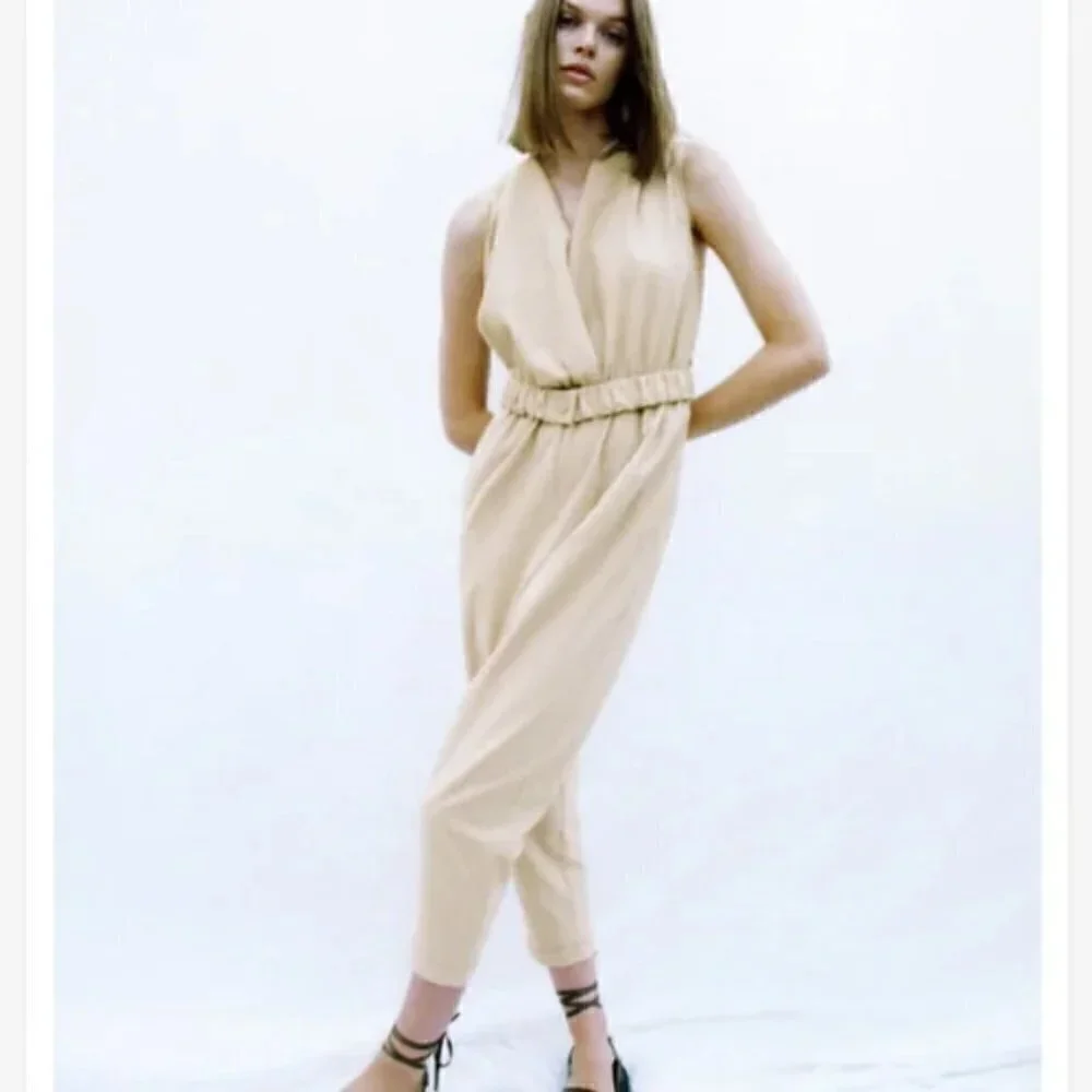 New Zara Textured Linen Blend V-Neck Sleeveless Belted Tan Jumpsuit NWT Small